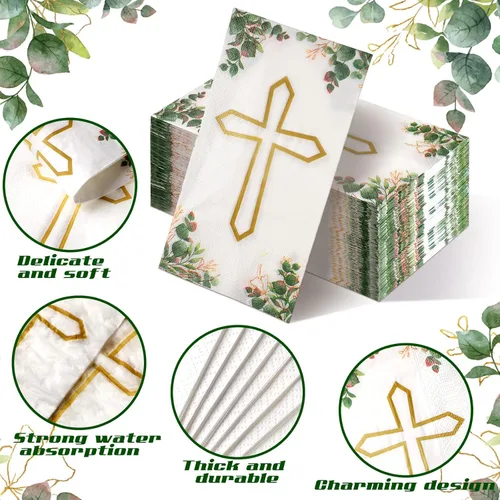Miniatura 4 de Karenhi 200 Piezas Servilletas de Cruz de Bautismo 2 Capas Dios Bendiga Cruz Cristiana Servilletas Desechables para Invitados para Bautismo Toallas