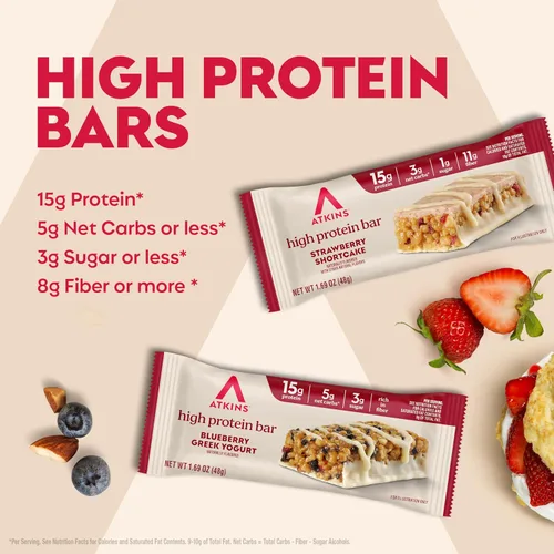 Miniatura 4 de Atkins Barrita de yogur griego de arándanos y fresas con alto contenido de proteínas, alta fibra, apta para dieta cetogénica, 12