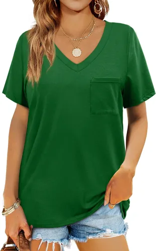 Miniatura 31 de Geifa Camisetas de manga corta con cuello en V para mujer, camisetas casuales de verano con bolsillo