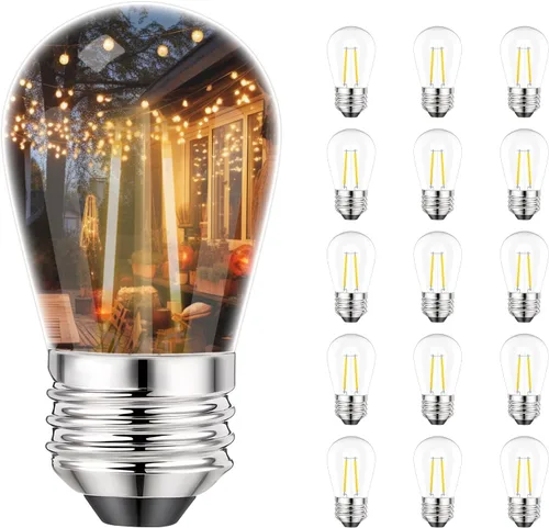 Svater Paquete de 15 bombillas de repuesto S14 para cadena de luces al aire libre, vidrio LED regulable de 2 W, bombilla Edison vintage, blanco