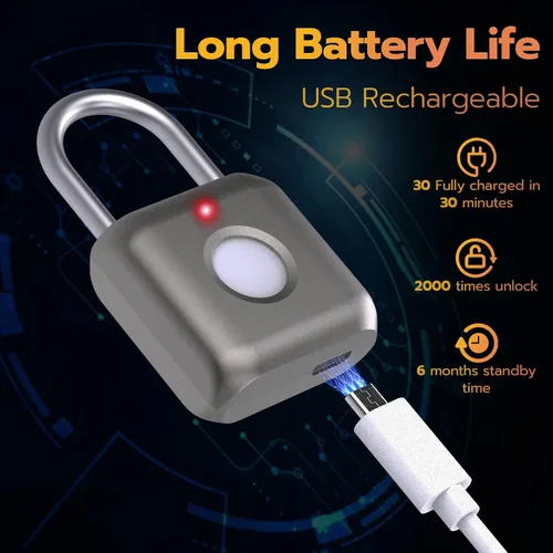 Miniatura 5 de Pothunder Candado inteligente de huellas dactilares, cerradura de metal biométrico sin llave, impermeable, recargable por USB, para casillero de Gris