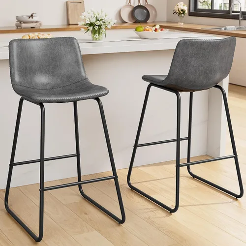 Miniatura 20 de REONEY Juego de 2 taburetes de bar de piel sintética de 26 pulgadas, taburetes de bar modernos con patas de metal y reposapiés, sillas urbanas sin