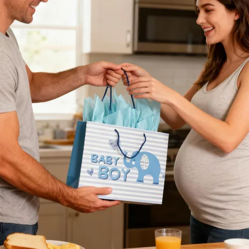 Miniatura 6 de DiffyGo Bolsa de regalo de bebé grande de 13 pulgadas para baby shower con papel de seda y tarjeta (azul)
