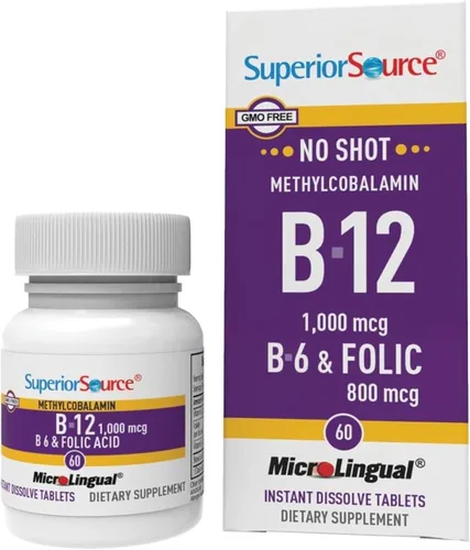 Miniatura 11 de Superior Source No Shot Vitamina B-12 Metilcobalamina 10000 mcg, B-6 y ácido fólico 1200 mcg - Apoya la salud del cerebro y el corazón - Ayuda a