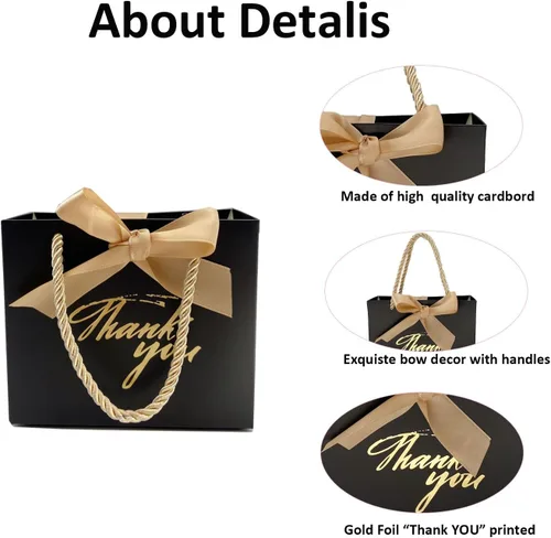 Miniatura 3 de TKSBAG Paquete de 50 pequeñas bolsas de regalo de agradecimiento con asas de 5.5 x 2.3 x 4.7 pulgadas, mini bolsas de regalo negras a granel