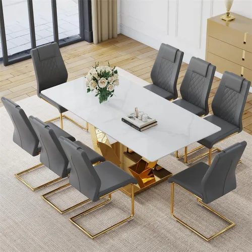 Miniatura 36 de Juego de mesa de comedor para 4, mesa de comedor de mármol sintético de 63 pulgadas con patas y base de acero inoxidable, sillas acolchadas