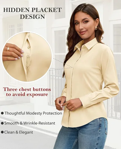 Miniatura 5 de Gleeivy Camisa con botones para mujer, solapa con botones ocultos, ligera, transpirable, resistente a las manchas, manga larga, trabajo e informal
