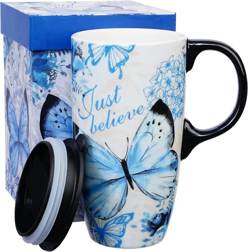 Miniatura 13 de Topadorn Taza de Café de Cerámica de Viaje con Tapa y Caja de Color, 17oz Termo de Café Apto para Microondas y Lavavajillas, Pájaro Azul Azul Pájaro