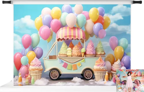 Miniatura 10 de Kate Telón de fondo de globo de helado para automóvil, decoración de fiesta de cumpleaños para niños, fondo de fotografía de 6.5 x 6.5 pies