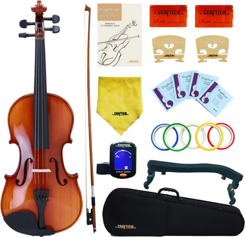 Miniatura 13 de CRAFTEEM 1/2 Conjunto de violín negro premium hecho a mano para principiantes, adultos y niños con cinta adhesiva para dedos de 5 colores - Violín