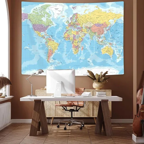 Miniatura 10 de ICTEISOM Tapiz de mapa del mundo para niños estudiantes, mapa del mundo con países y ciudades principales, tapiz de arte de pared póster tapices