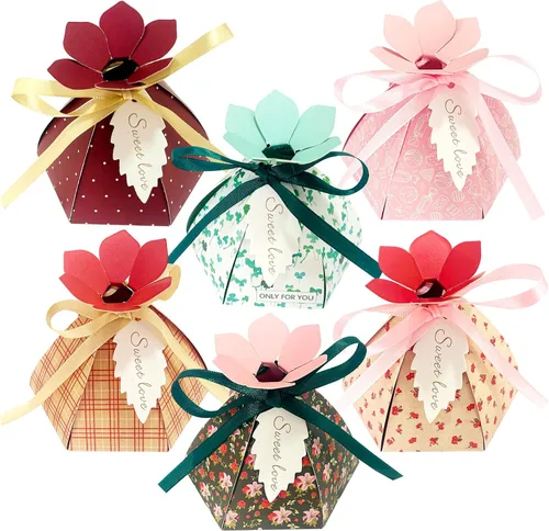 48 cajas de dulces de fiesta, caja de regalo con forma de pétalo con etiquetas y cintas para fiestas temáticas de flores, despedida de soltera, 48
