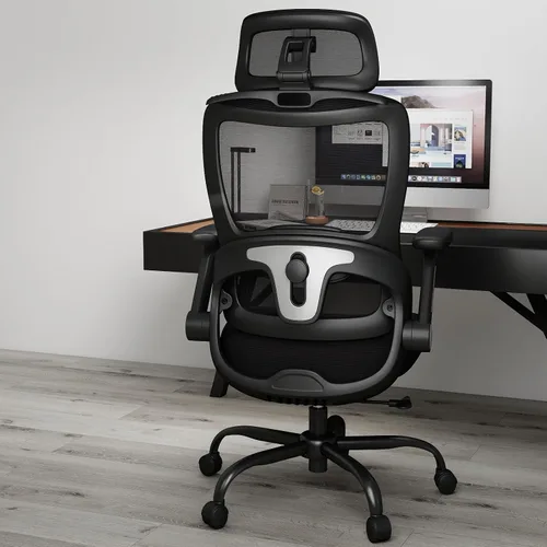 Miniatura 10 de Silla de oficina ergonómica, sillas de oficina en casa de tela de malla con soporte lumbar ajustable, giro de 360° y reposabrazos abatibles