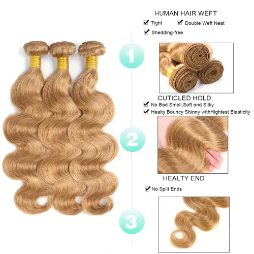 Miniatura 5 de #27 - Paquetes de cabello humano rubio miel ondulado, paquete de 3 paquetes de cabello humano virgen brasileño 08, 10, 12 pulgadas, color 27