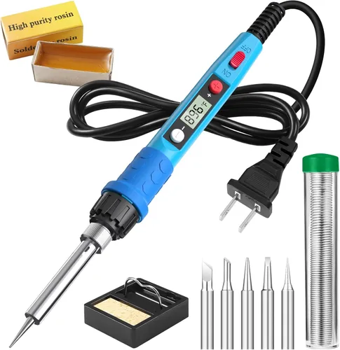 Kit de soldador, 80W 110V LCD Lápiz de soldadura digital con calentador de cerámica, herramientas de soldadura portátiles con 5 puntas, soporte,