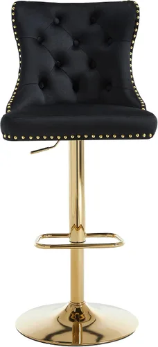 Miniatura 5 de Taburetes de bar negros juego de 2 sillas de cocina giratorias de terciopelo con respaldo alto acolchado, taburetes dorados modernos tapizados
