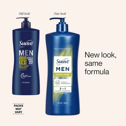 Miniatura 4 de Suave Men Citrus Rush Daily Clean 3 en 1 champú, acondicionador y gel de baño con glicerina y queratina hidrata y suaviza el cabello, aroma cítrico