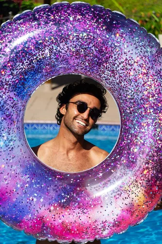 Miniatura 5 de PoolCandy Tubo de piscina Galaxy Glitter de 48 pulgadas – Anillo de natación inflable jumbo para espacio profundo con purpurina holográfica rosa