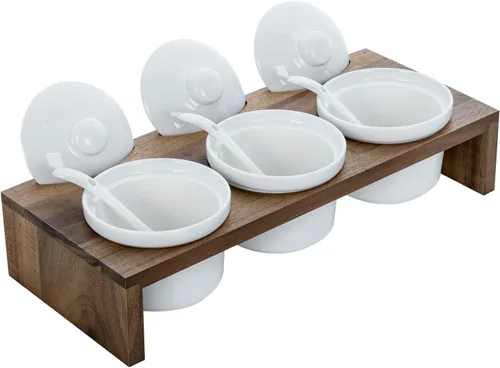 Miniatura 4 de MyGift Juego de Servir de Condimentos de 10 Piezas Incluye Bandeja de Presentación Elevada de Madera Sólida de Acacia Premium y 3 Cuencos