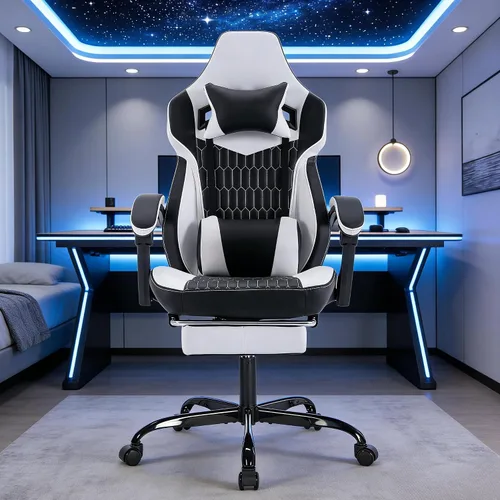 Miniatura 3 de Silla gamer, silla de computadora para juegos con reposacabezas ajustable, soporte lumbar ergonómico, asiento giratorio para salas de estar, Negro