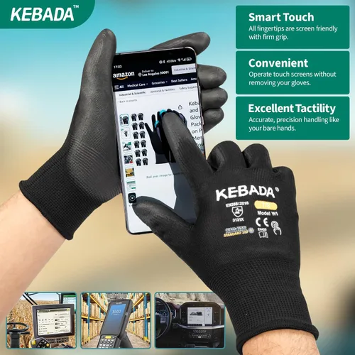Miniatura 3 de Kebada Guantes de trabajo de seguridad, paquete de 120 pares a granel, pantalla táctil, revestimiento de poliuretano, ideales para almacén, Negro