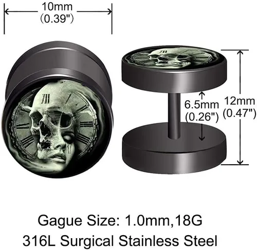 Miniatura 6 de FLYUN 6 pares de aretes de calavera para hombre, aretes de calibre falso, aretes de tapones falsos para hombres y hombres, aretes negros