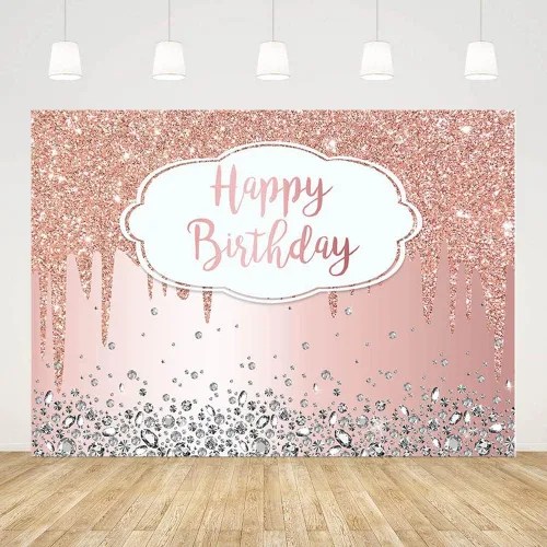 Telón de fondo de 7 x 5 pies para cumpleaños con purpurina que gotea, diamantes de cristal, rosa dorado, para fotografía, decoración para fiesta de