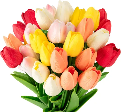 Miniatura 16 de MACTING - 30 flores artificiales de tulipán, tulipanes falsos de tacto real, flores artificiales de primavera, tulipanes de imitación para arreglos
