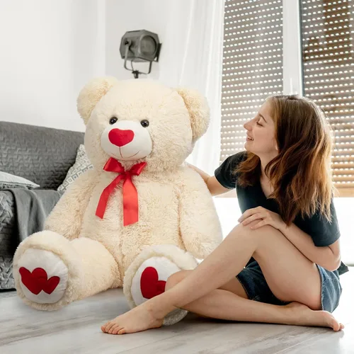 Miniatura 3 de HollyHOME Oso de Peluche Grande Animal de Peluche Oso Grande de Felpa con Corazón Rojo para Novia y Niños Juguete de Regalo de Vacaciones 36 Beige