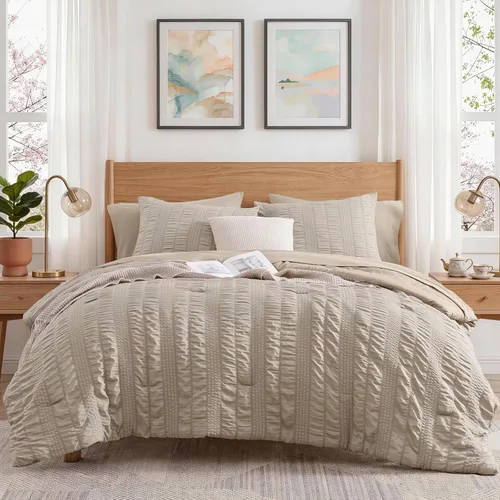 Miniatura 10 de CASAAGUSTO Juego de edredón Twin XL, 5 piezas de cama de seersucker beige en una bolsa, tamaño Twin, suave para todas las estaciones, juegos de ropa