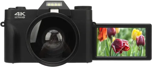 Cámara digital 4K, cámara de vlogging de 48MP con pantalla abatible HD de 3 pulgadas de 180°, zoom digital de 16X, cámara de video de viaje con