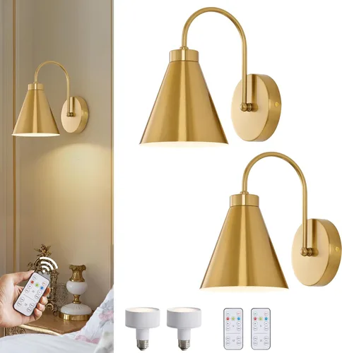 Powfloven Juego de 2 Apliques de Pared de Cuello de Ganso Inalámbricos Vintage que Funcionan con Batería, Lámparas Doradas de Decoración de Pared