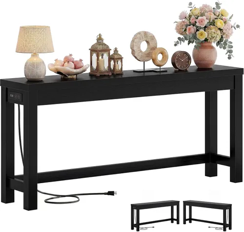 Miniatura 10 de Cyclysio Mesas de consola de 47 pulgadas para entrada, mesas de consola estrechas para sala de estar, mesa detrás del sofá, mesa de pasillo de Gris