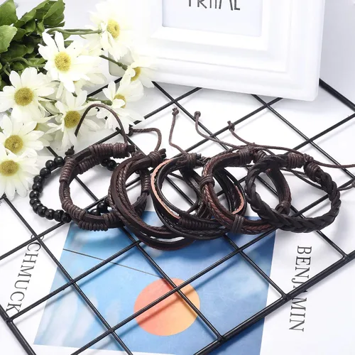 Miniatura 6 de Florideco - Juego de 30 pulseras de cuero trenzado para hombres y mujeres con cuentas de madera tejidas étnicas tribales ajustables