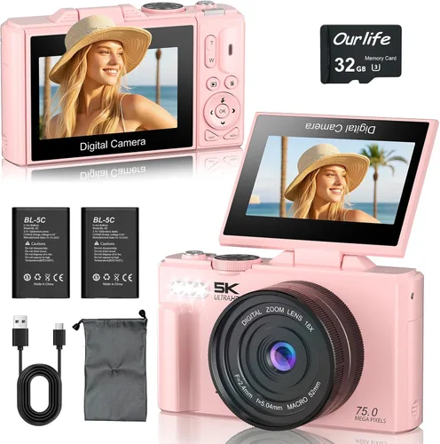 Miniatura 10 de Ourlife Cámaras para fotografía, 5K 75MP Autofocus Vlogging Cámara para YouTube con zoom de 18X, 3" 180° Flip Screen Selfie Digital Cámara compacta