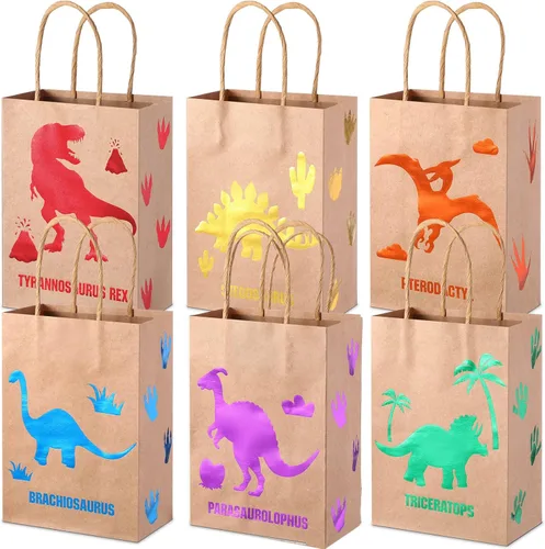 Miniatura 8 de Pajean 24 bolsas de caramelos de dinosaurio con asa, bolsas de papel de recuerdo de fiesta de dinosaurios, regalos para niños, envoltura