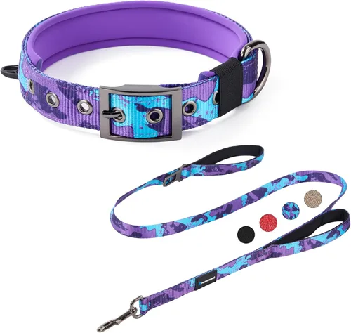 Miniatura 7 de Annchwool Juego de collar ajustable para perro y correa de 5 pies con hebilla de metal resistente, cómodo forro reflectante y doble asa para perros