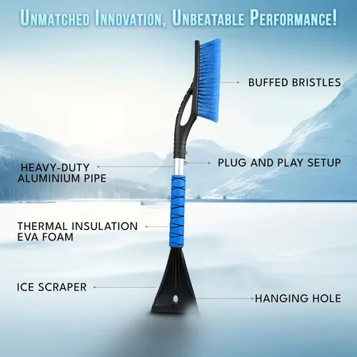 Miniatura 4 de EcoNour Rascador de nieve y cepillo de coche de aluminio de 27" Cabeza de cerdas entrelazadas con cuerpo de metal para rascador de hielo
