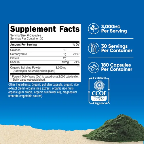 Miniatura 2 de Nutricost Espirulina 3,000 mg, 180 cápsulas para 30 porciones - Certificado CCOF fabricado con espirulina orgánica, sin gluten, vegetariano