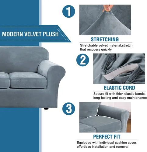 Miniatura 3 de H.VERSAILTEX - Funda muy elástica para sofá de 4 piezas, moderno protector de terciopelo suave y afelpado, ajustable, grueso, para sofá con 3 Azul