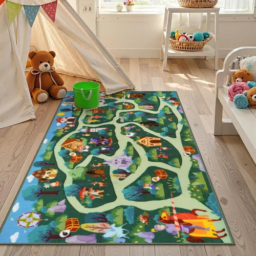 Miniatura 8 de LIVEBOX Alfombra lavable para sala de juegos para niños, alfombra de juego con caminos y aventuras en el bosque de fantasía, alfombra antideslizante