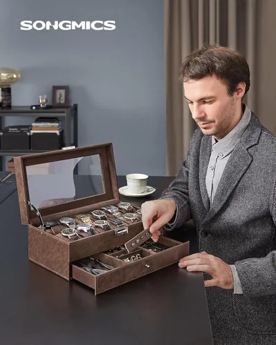 Miniatura 45 de SONGMICS UJWB012 - Caja de reloj de 12 ranuras, caja de reloj con cerradura con tapa de vidrio, 2 capas, con 1 cajón para anillos, pulseras, idea