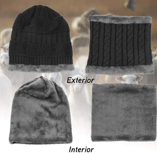 Miniatura 3 de Juego de 2 piezas de gorro de invierno para hombre, bufanda gruesa con forro polar, gorro de calavera, gorro de invierno de punto cálido, calentador