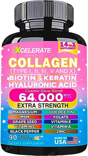 Suplemento de colágeno 14 en 1 – Péptidos Tipos l II III V X Biotina Queratina Ácido Hialurónico Folato Zinc Quercetina Vinagre de sidra de Manzana