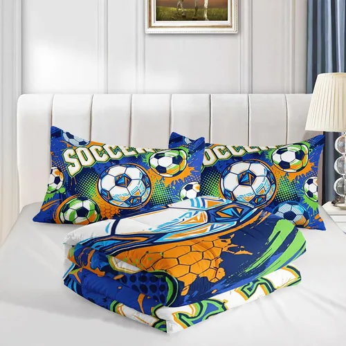 Miniatura 5 de AILONEN Football Themed Children's Double Three piece Bedding Set, Boys' Sports Printed Duvet Cover, Blue Orange Sports Blanket, 2 Pillowcases