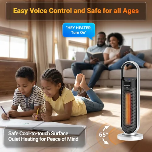 Miniatura 3 de Emerson SmartVoice - Calentador de espacio en torre de 23 pulgadas, control de voz sin conexión, calentamiento rápido de 1500 W, oscilación de 65°