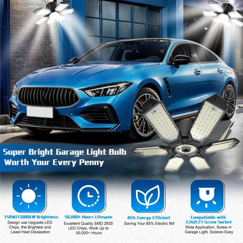 Miniatura 2 de Luz de Garaje – Bombilla de garaje súper brillante de 15000LM, equivalente a 150 W, rosca E26 con 6 paneles deformables, 6500K, luces LED de taller