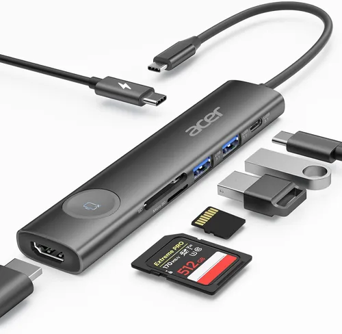 Acer HUB USB C Adaptador Multipuerto, Adaptador 7 en 1 de USB-C a HDMI con 4K@60Hz, 100W PD, 5Gbps 2*USB-A 3.1, 1*Type-C 3.1, Lector de Tarjetas SD