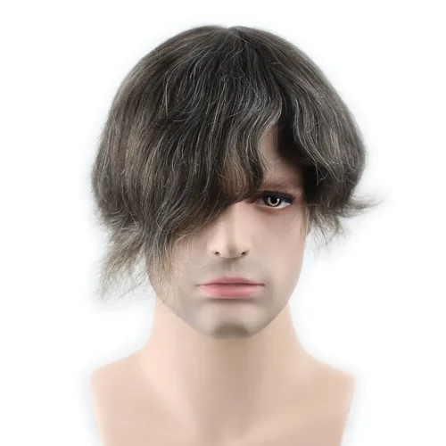Miniatura 2 de Toupee para hombre 10 × 8 "cabello humano 5# mezcla de colores 10% gris sintético hairpiece piel fina sistema de reemplazo de pelo base de red