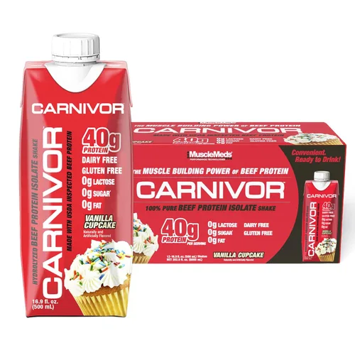 MuscleMeds Carnivor RTD, Proteína lista para beber, libre de lactosa, sin azúcar, 40g de proteína aislada, para construcción muscular, recuperación,